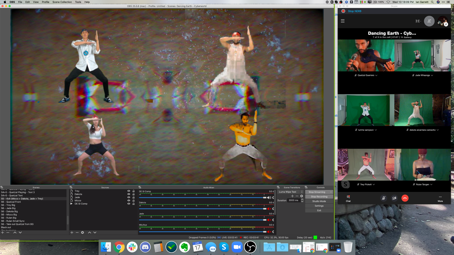 Screen shot taken on broadcasting pc during rehearsal showing OBS composite video and Skype call with dancers.