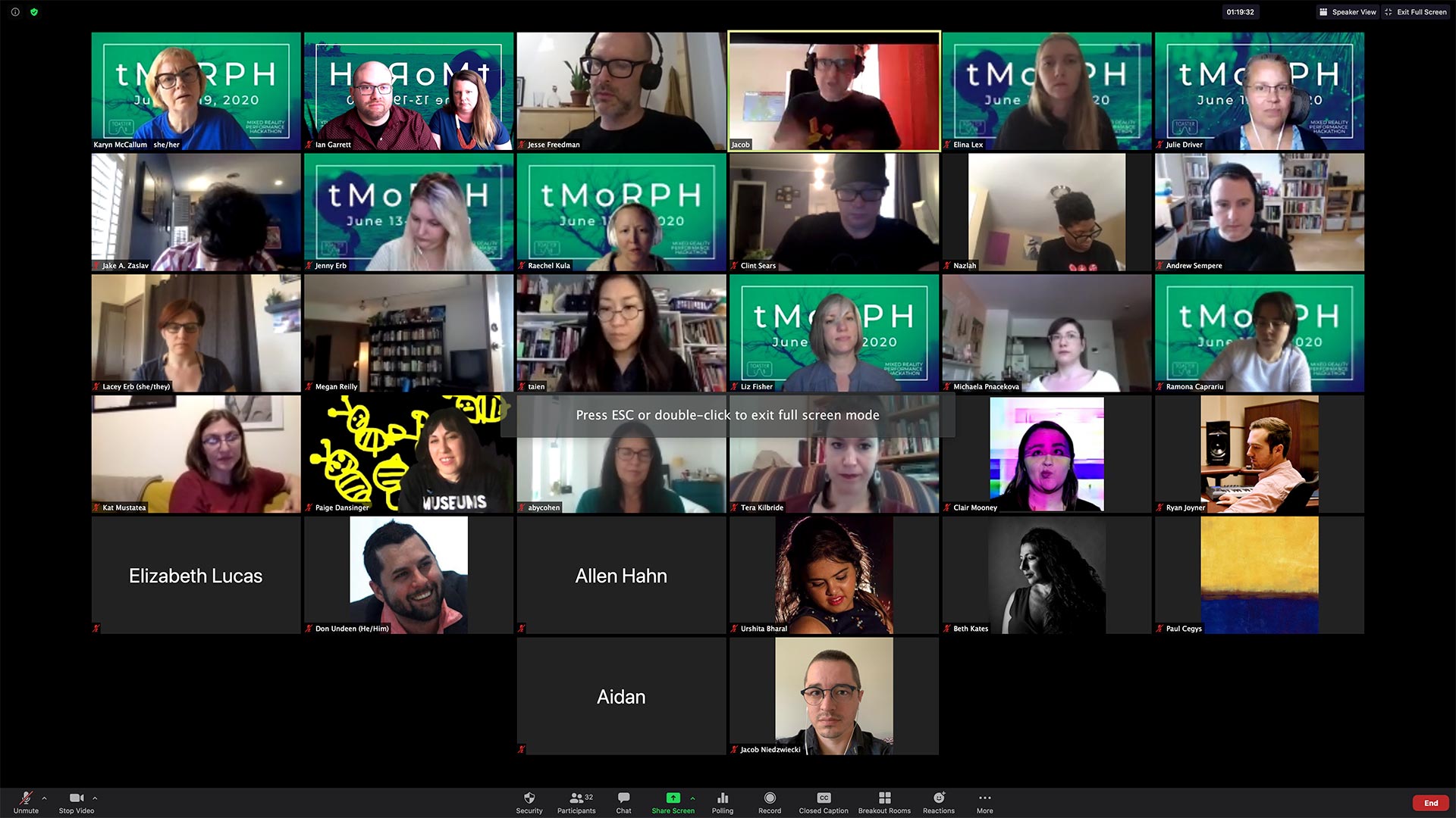 Screen shot of participants in a Zoom meeting session, some with tMoRPH branded backgrounds, some with video disabled.